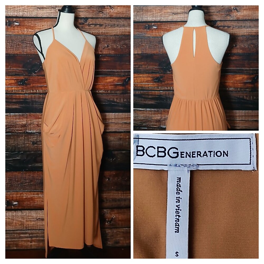 BCBGeneration Midi Dress S Peach Pleated Draped Pockets Halter Hi Low Hem